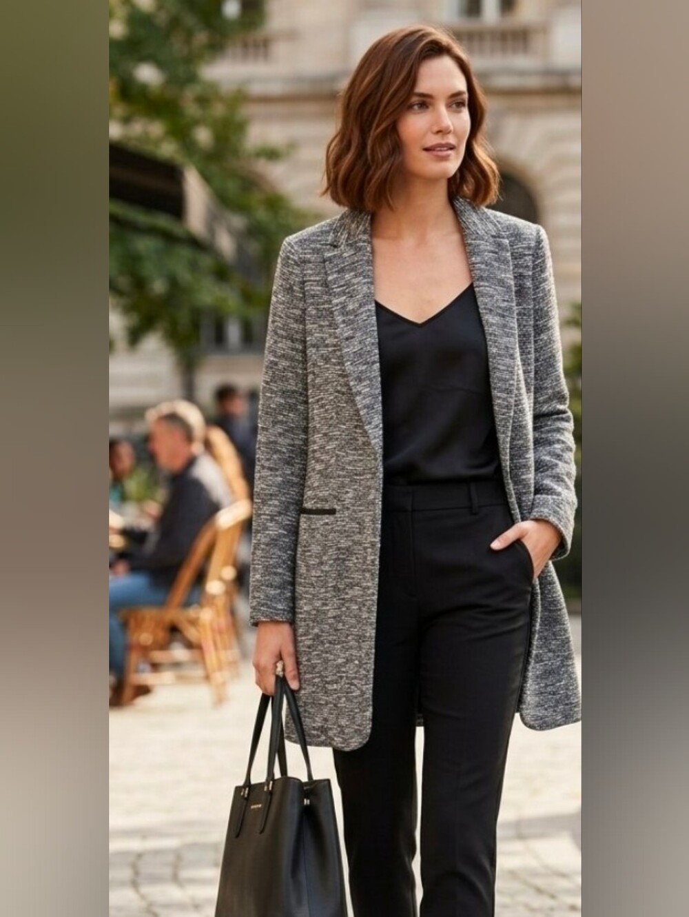 Tommy Hilfiger Marled Tweed Longline Blazer Car Coat Black White Patch Elbows 10